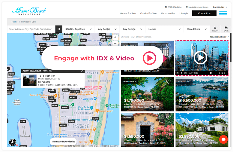 Innovative real estate IDX search map with video and ad integration, enhancing property browsing experience for Miami Beach home buyers. Features interactive map searches, detailed listings, and marketing capabilities for realtors.