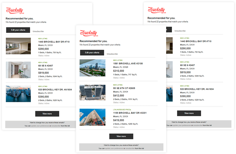 Real estate email property alerts featuring personalized idx listings based on user preferences. A powerful lead nurturing tool for realtors to keep potential buyers engaged with the latest Miami Beach real estate opportunities.