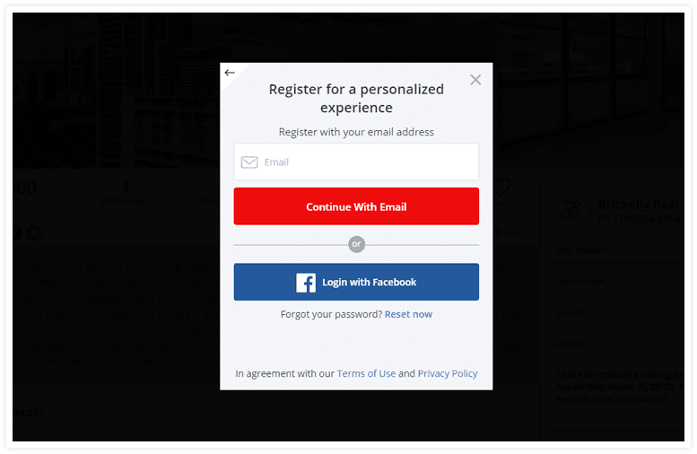 High-converting lead capture form for real estate websites, enabling home buyers to register using email or social login. A key feature for realtors to generate and manage leads efficiently