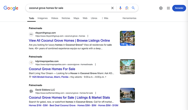 pay per click marketing ads of coconut grove homes for sale search query on google display 4 different types of paid results