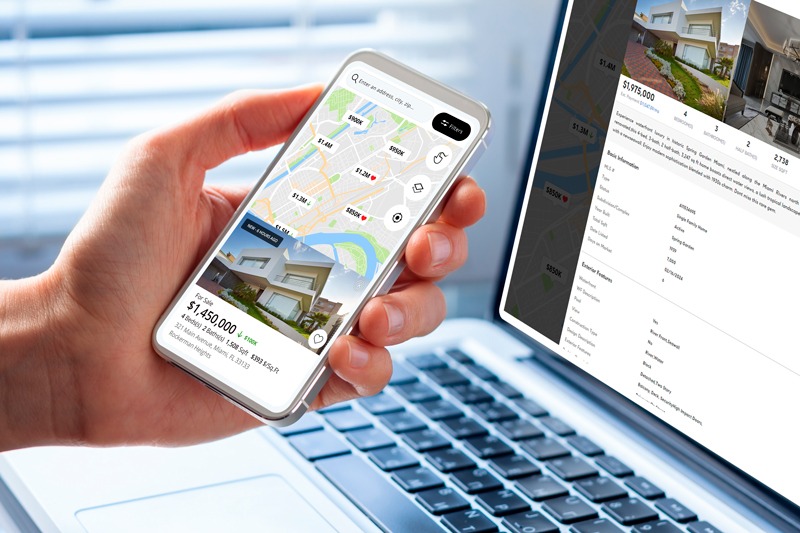 user interacting with a real estate website brand by utilizing online marketing tools like map search filter viewing property details like photos and pricing