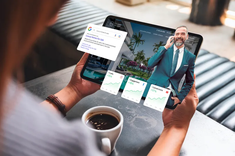 realtor holding a tablet watching how her digital marketing statistics of google, instagram and youtube are going up
