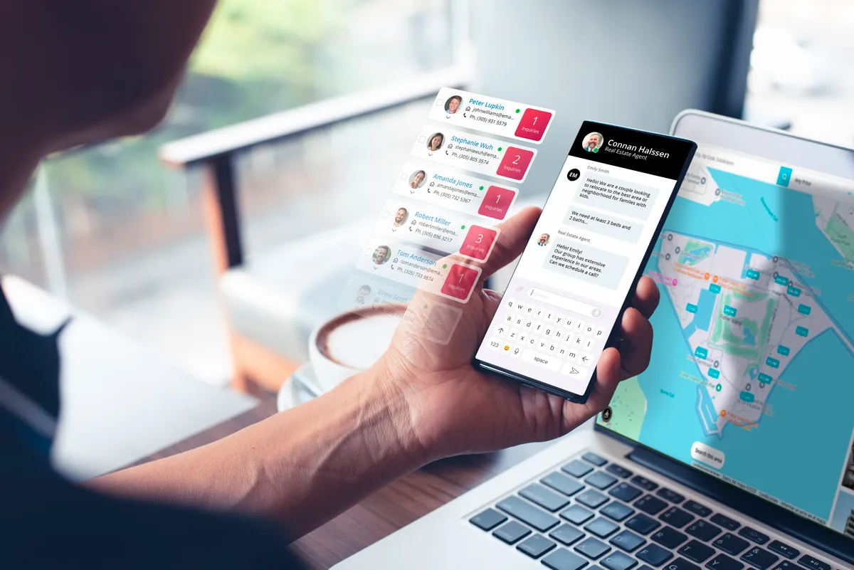 a real estate agent chatting to his leads on mobile app generated from his real estate website fisher island landing page niche market