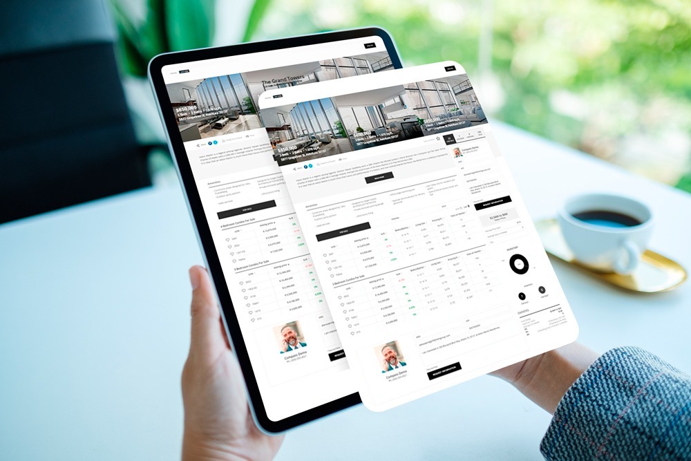 person hands holding tablet showing AI IDX Search on areal estate website with building statistics, condos for sale and property details like photos, pricing