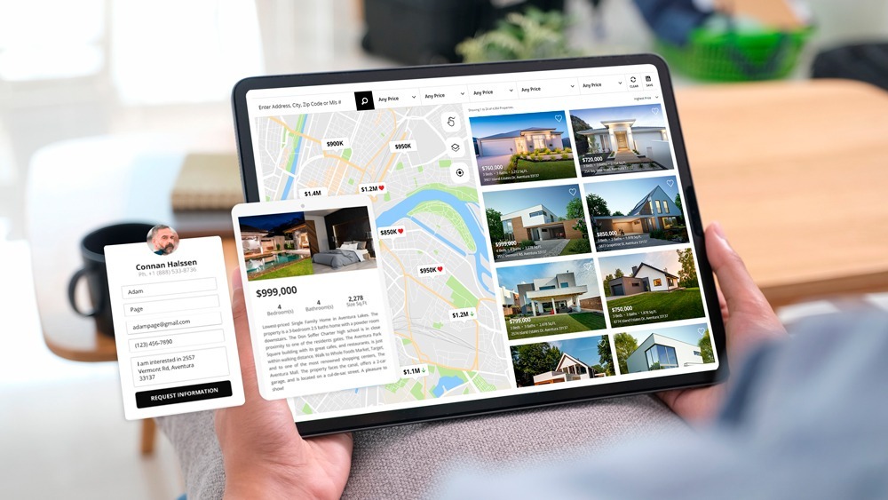 tablet displaying a search map filter showing properties on the right and a map with location markers on the left, all information is branded with name, colors and logos on the landing page real estate website