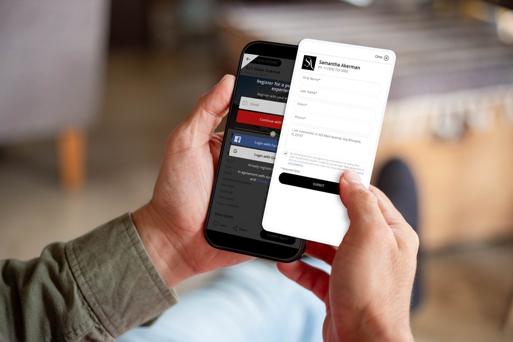 a person holding a mobile showing a pop up registration form on a real estate website to capture his information as a strategy to generate leads