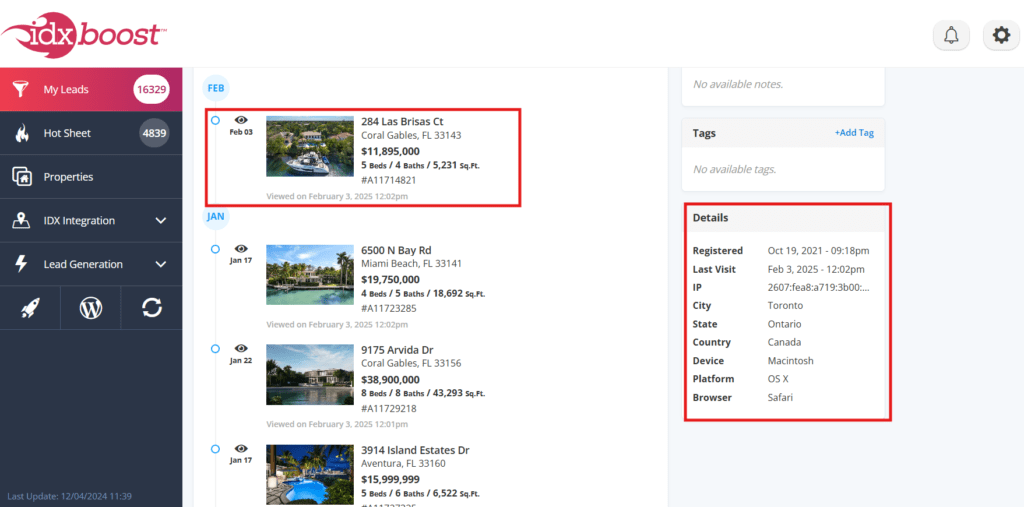 all the information needed for a realtor to understand leads behavior in real estate CRM displaying viewed properties, day registered, last visit, ip address, city and country, device information and browser. 