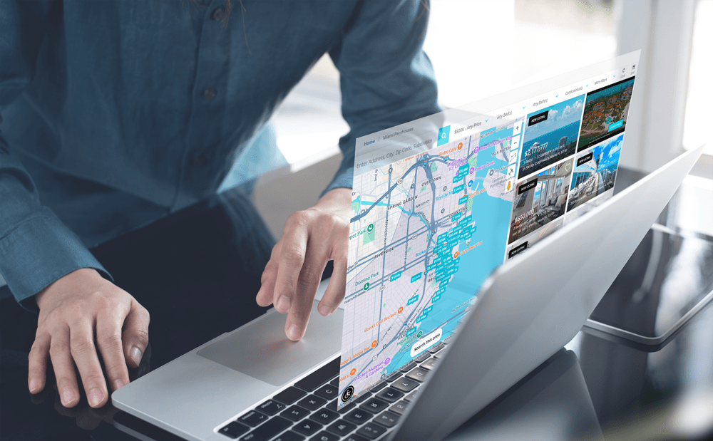 user searching for properties in a real estate website landing page, a search map on the left and idx properties on the right. 