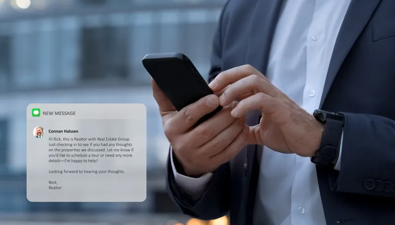 A rela estate lead in a suit using a smartphone, receiving an automated real estate follow-up message from a realtor, enhancing lead engagement through marketing automation. 