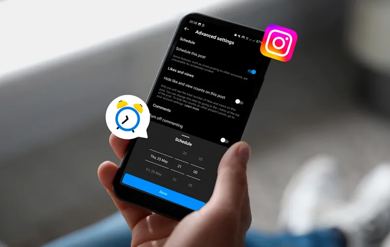 A realtor holding a smartphone with Instagram's advanced settings open, scheduling a post for automated publishing, symbolizing real estate marketing automation and social media strategy.