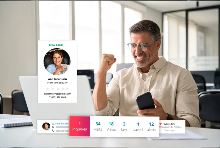 A happy real estate professional celebrating a new lead notification on his laptop, showcasing automated lead generation and engagement through real estate marketing automation.