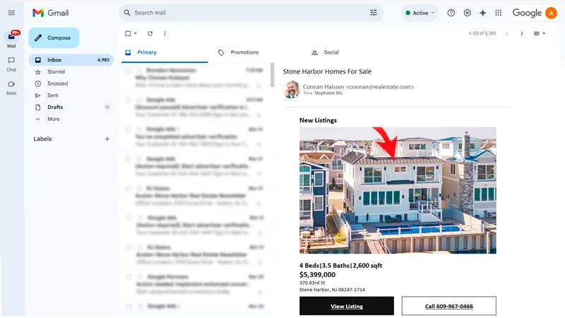 A Gmail inbox displaying an automated real estate email with new property listings, demonstrating the power of real estate marketing automation for lead engagement. 