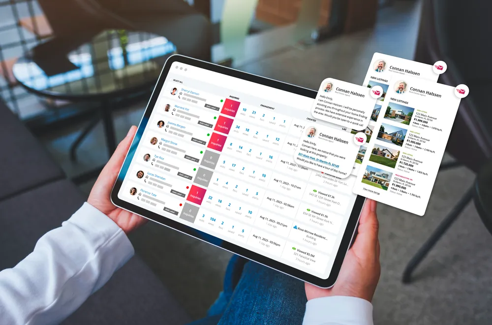 A person holding a tablet displaying a real estate marketing automation dashboard with lead tracking, automated email property alerts, and CRM for user activity