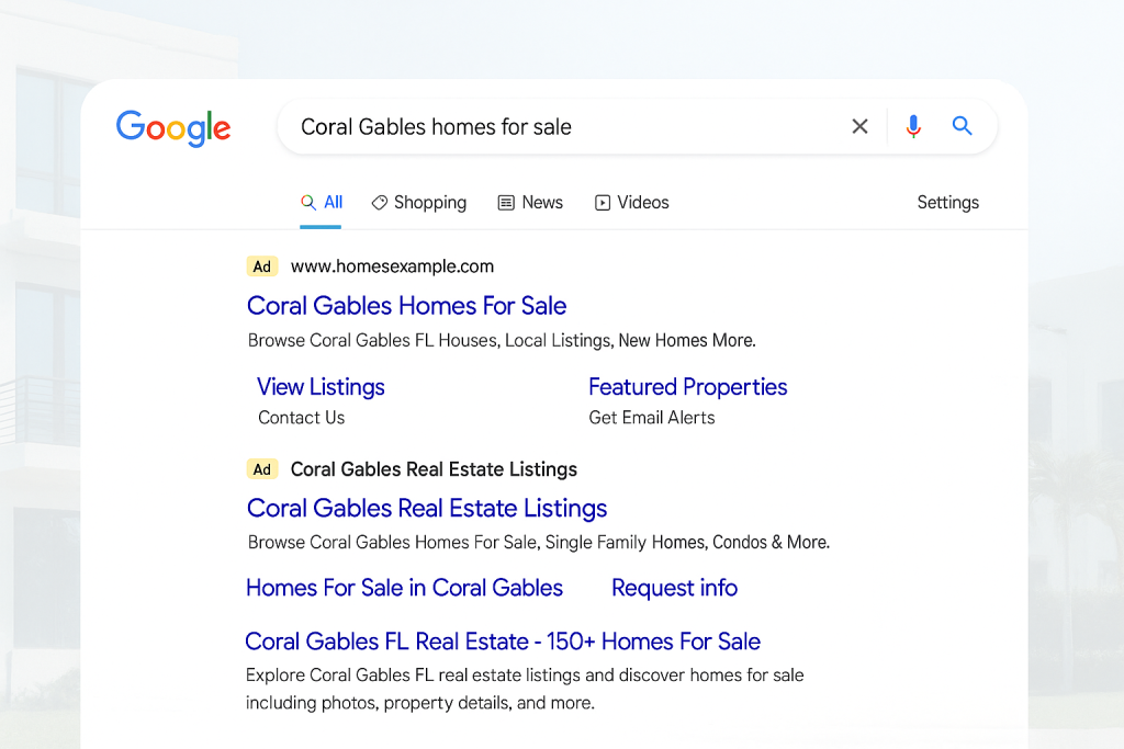 Screenshot-style image of a Google Search results page showing realistic ads for ‘Coral Gables homes for sale