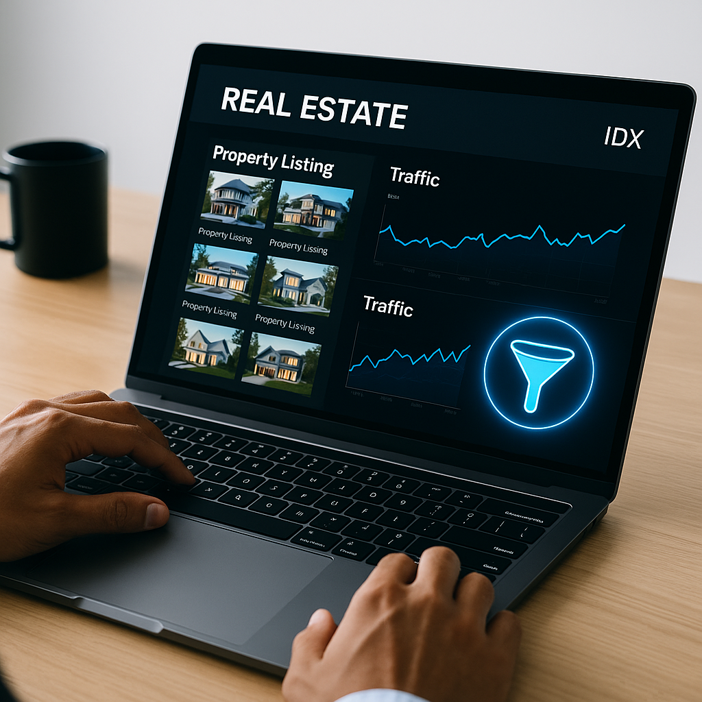real estate agent reviewing analytics on a sleek laptop showing a modern IDX website dashboard