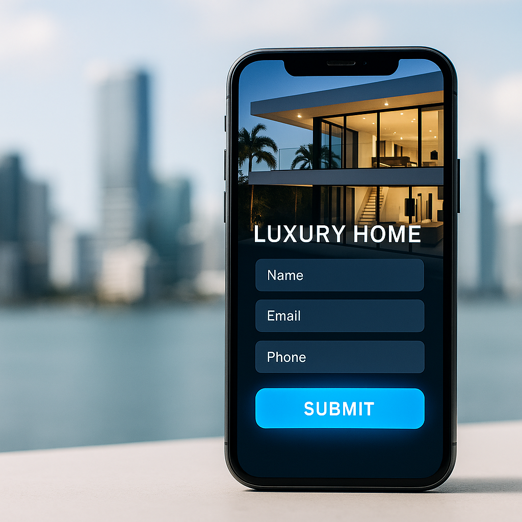 Modern mobile phone close-up showing a real estate lead form on a luxury home website