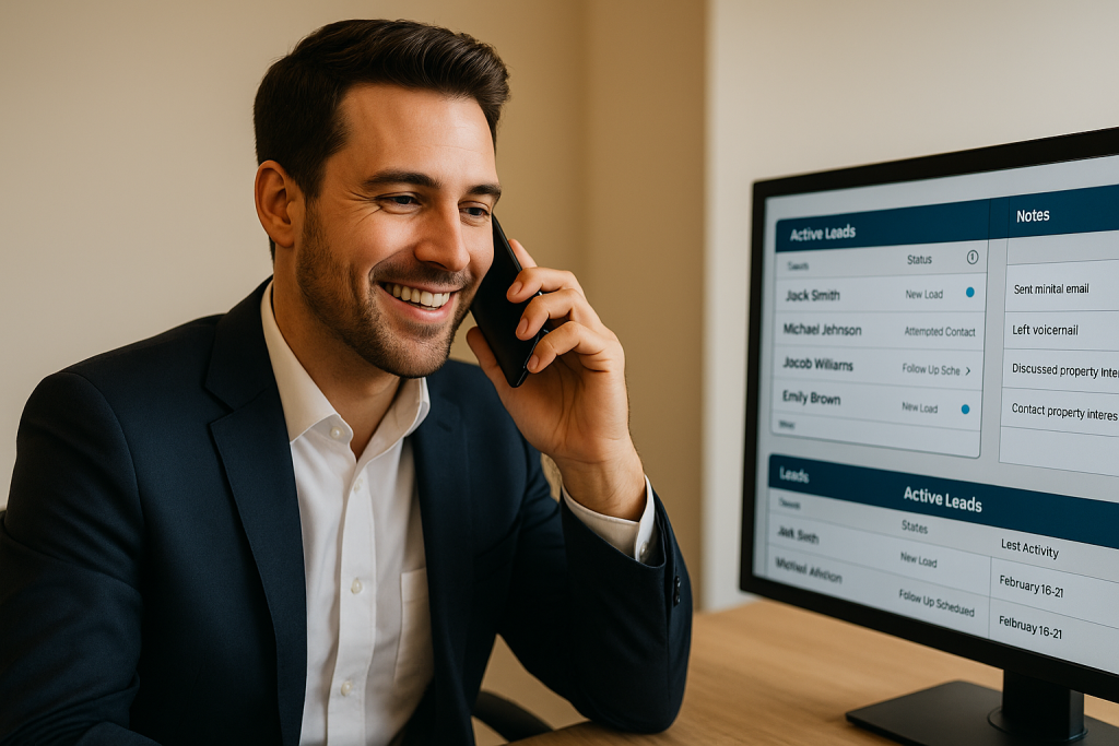 professional real estate agent smiling while on a phone call, with a CRM dashboard open on a computer monitor showing active leads and notes