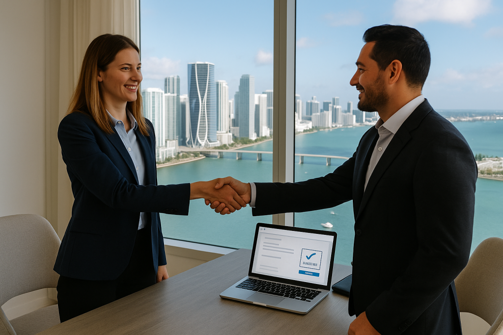 wo real estate professionals shaking hands in a luxury condo with a view of Miami’s skyline