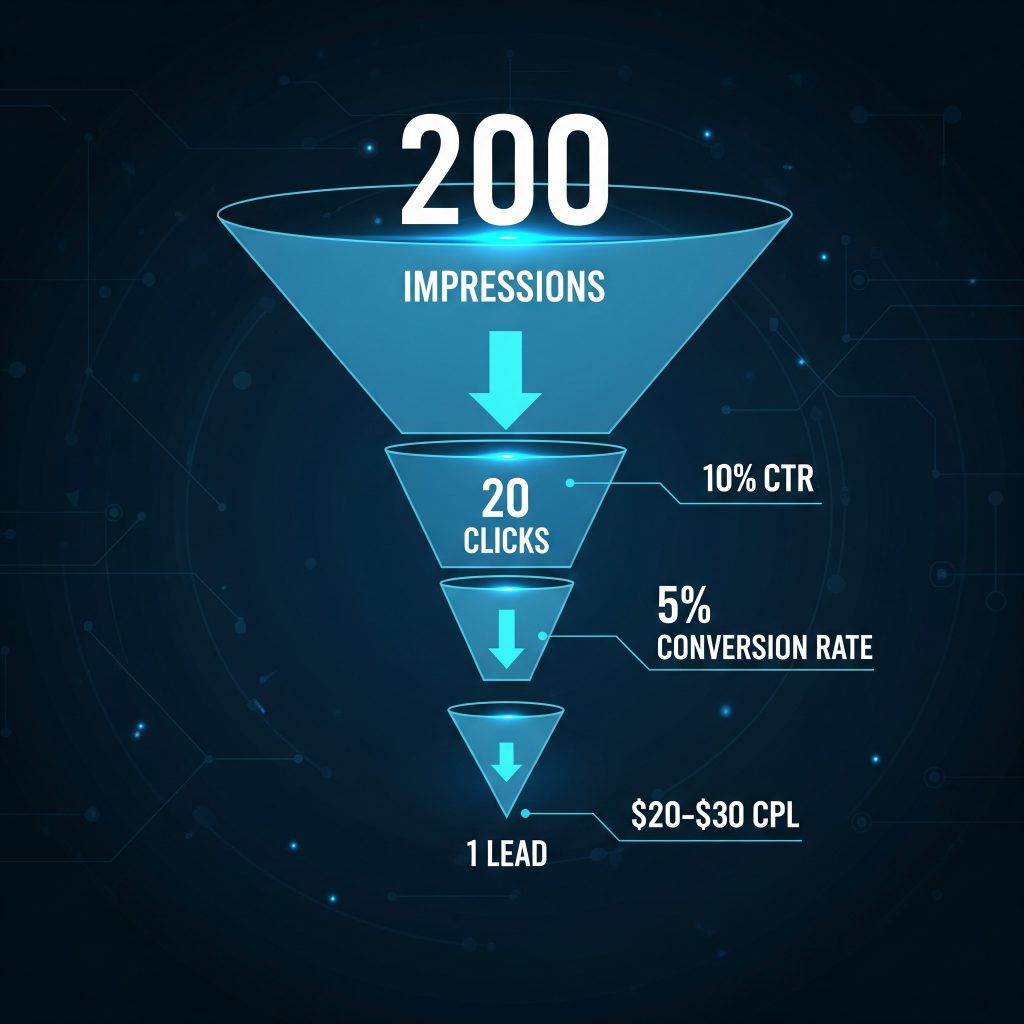 Stylized infographic showing a digital funnel: 200 impressions → 20 clicks → 1 lead.