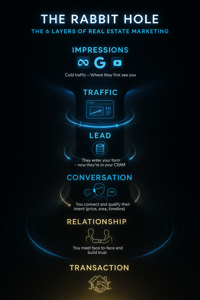 Futuristic vertical diagram of a real estate marketing system called The Rabbit Hole, showing six layers from impressions and website traffic down to conversations, relationships, and final transactions. Designed with black