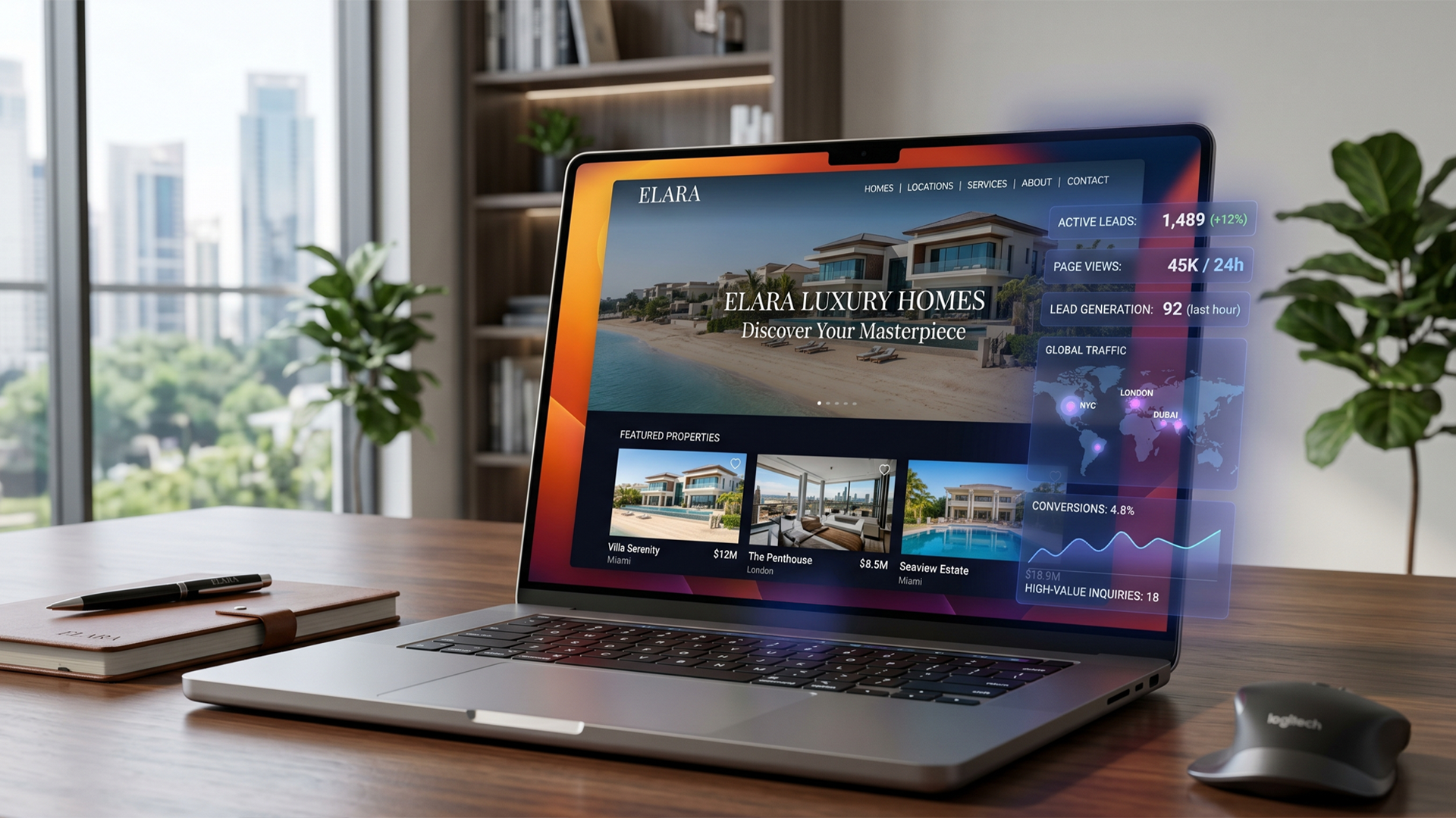 Laptop screen showing a high-end real estate website