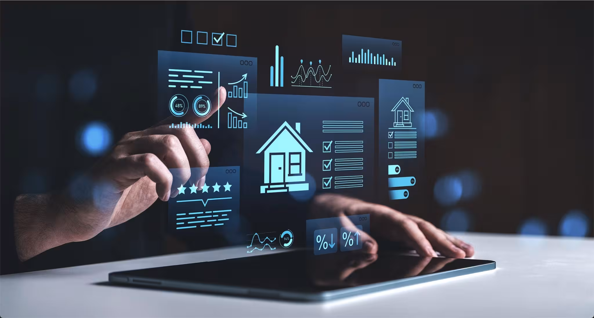 AI-powered real estate dashboard showing analytics, lead tracking, and automated insights on a laptop