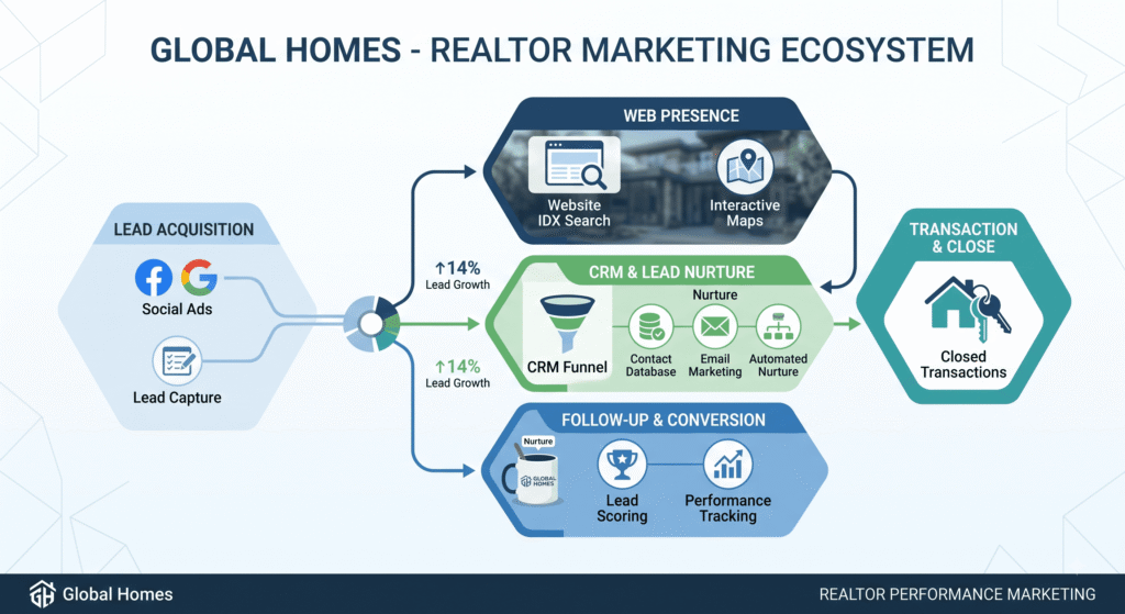 Comprehensive real estate lead generation system flow chart and strategy components