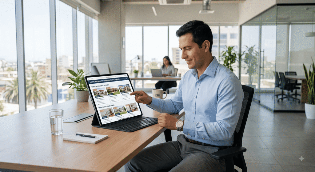 Real estate agent reviewing automated listing updates and lead generation performance on a tablet.