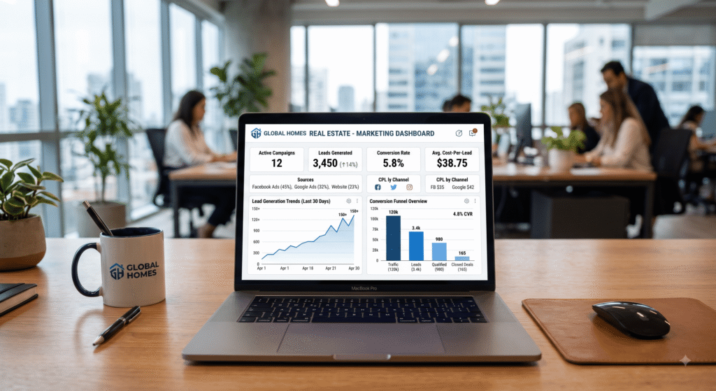 Real estate lead generation performance dashboard showing ad metrics and cost per lead