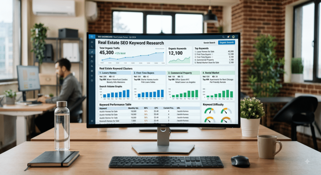 real estate SEO keyword research dashboard displaying search volume and intent clusters