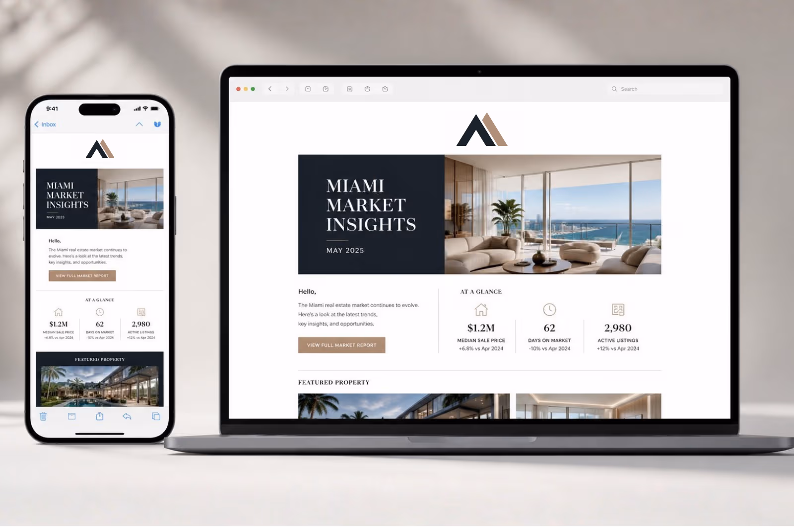Real estate newsletter template displayed on mobile and desktop screens