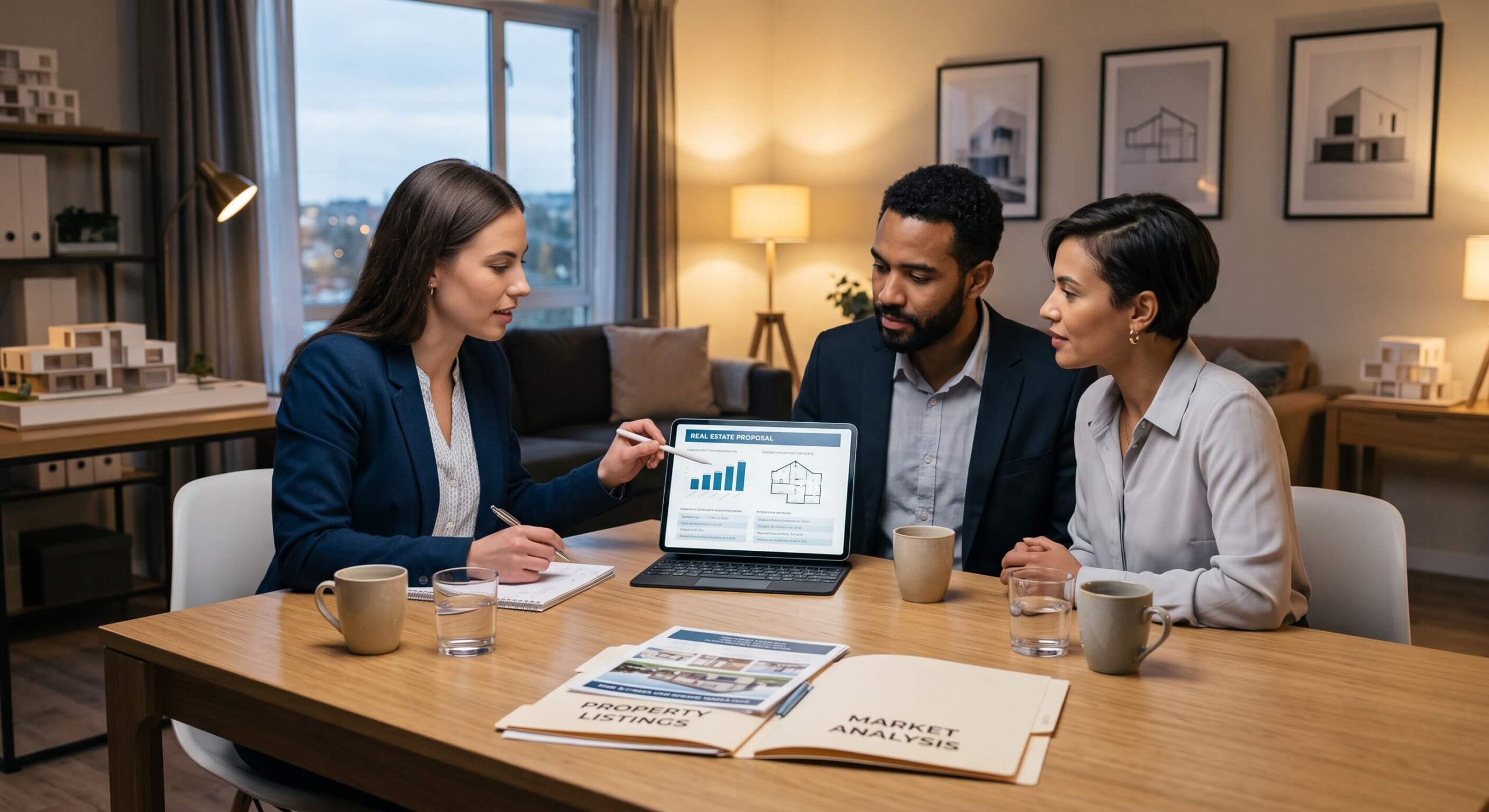 Professional real estate agent presenting a listing presentation template to home sellers.