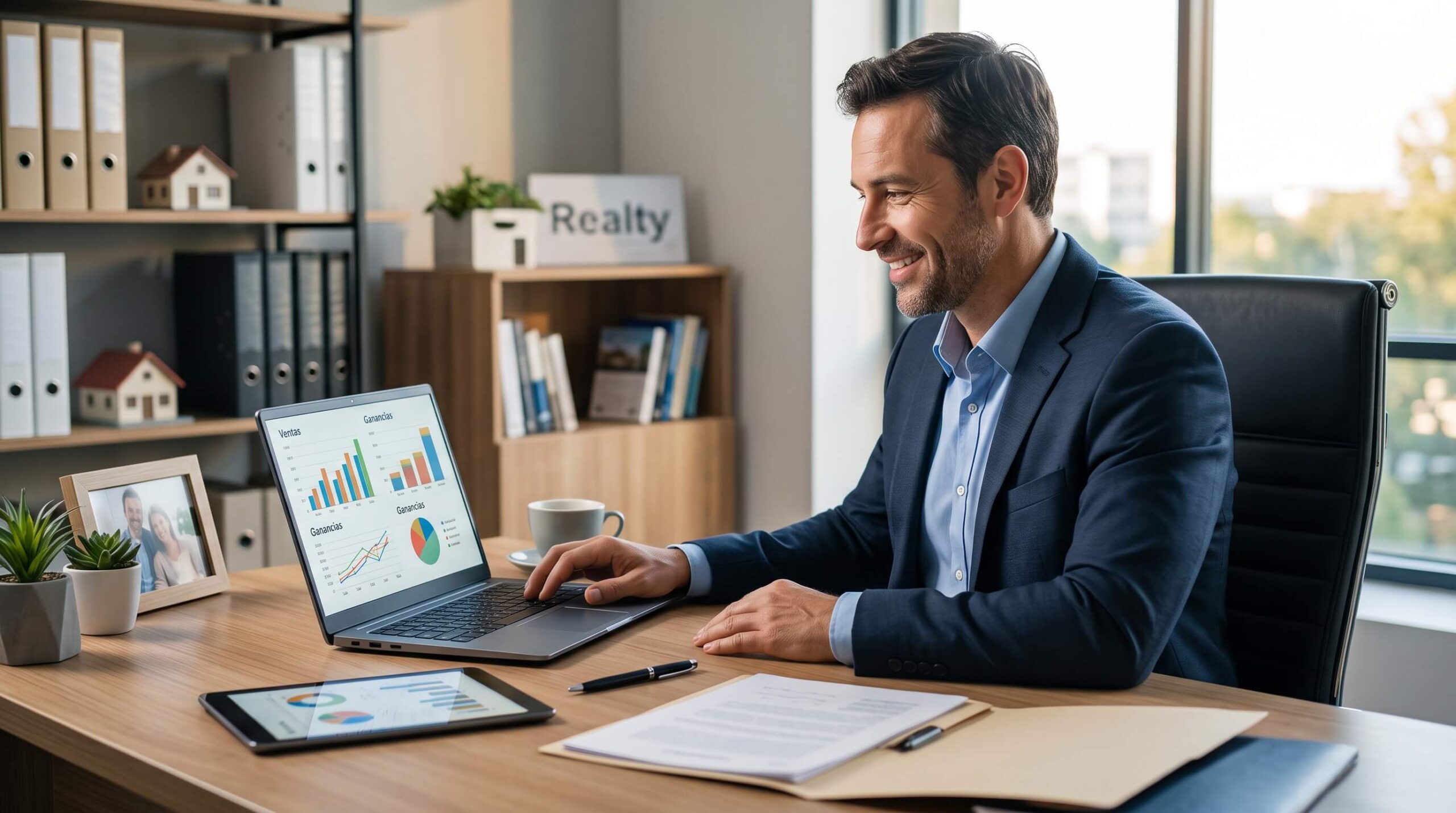 Professional real estate agent reviewing gross commission income CGI reports on a laptop
